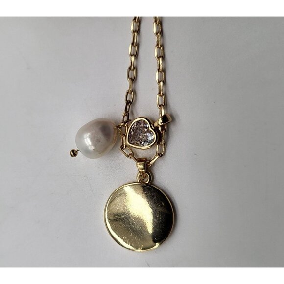Gold Tone Charm Necklace Inital "A" Mother of Pearl Heart Faux Pearl - Picture 4 of 6